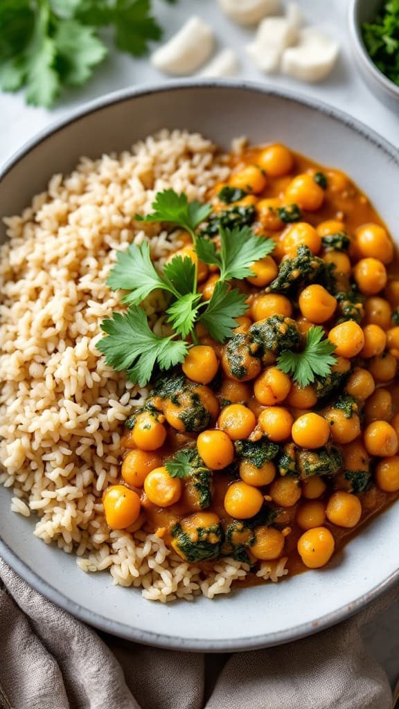 Bowl of chickpea and spinach curry served with brown rice and topped with cilantro.