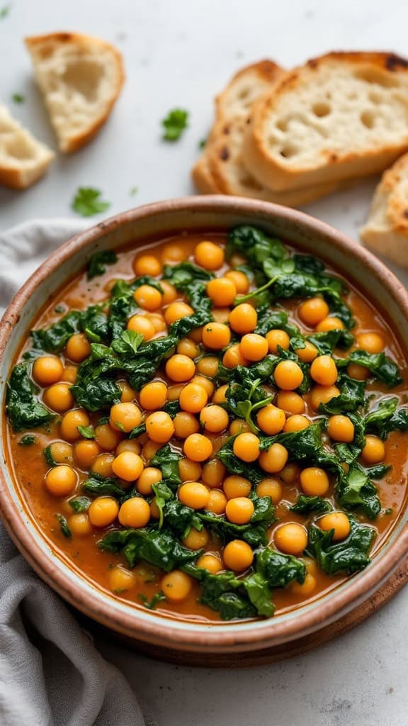 A bowl of chickpea and spinach stew with a side of bread and herbs.