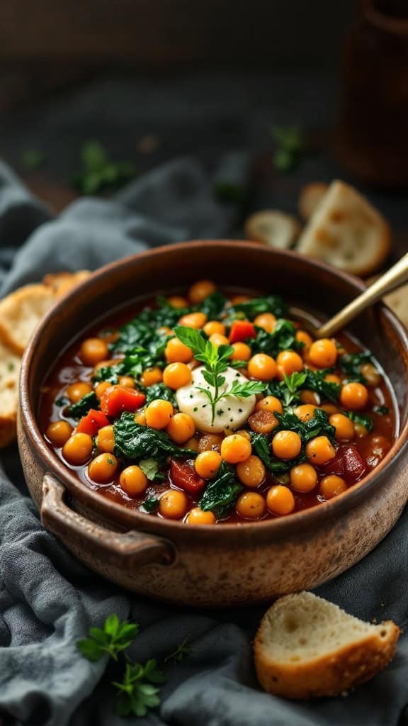 A bowl of chickpea and spinach stew garnished with herbs, served with slices of bread.