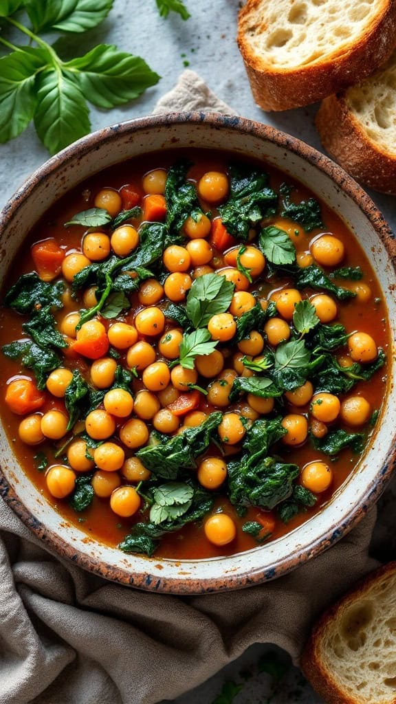 A bowl of chickpea and spinach stew with fresh herbs and slices of bread on the side.