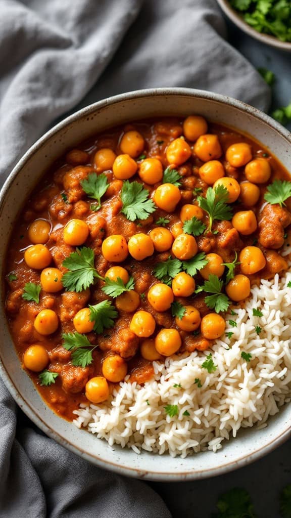 A bowl of chickpea curry with coconut milk served with rice and garnished with fresh cilantro.