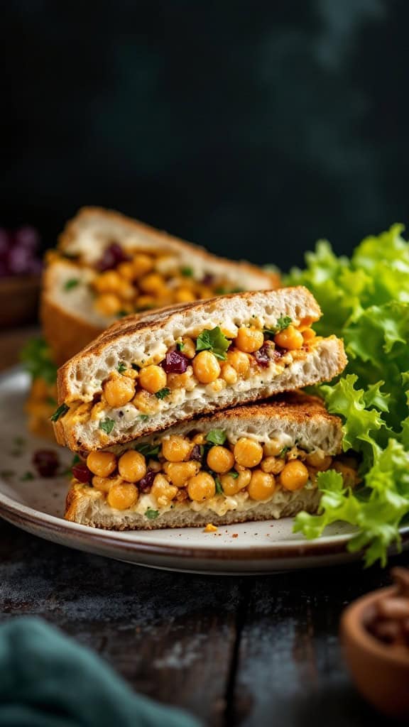A close-up of chickpea salad sandwich cut in half, showcasing the filling and served with lettuce.