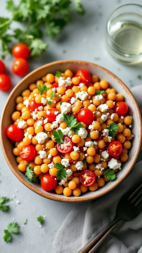 A bowl of chickpea salad with feta, cherry tomatoes, and cilantro.