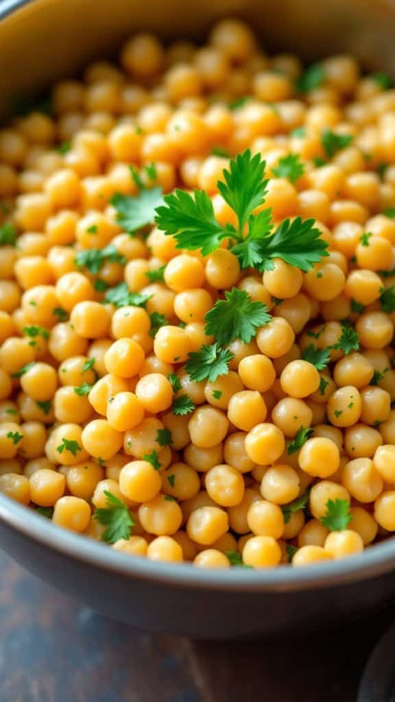 A bowl of chickpeas garnished with fresh parsley
