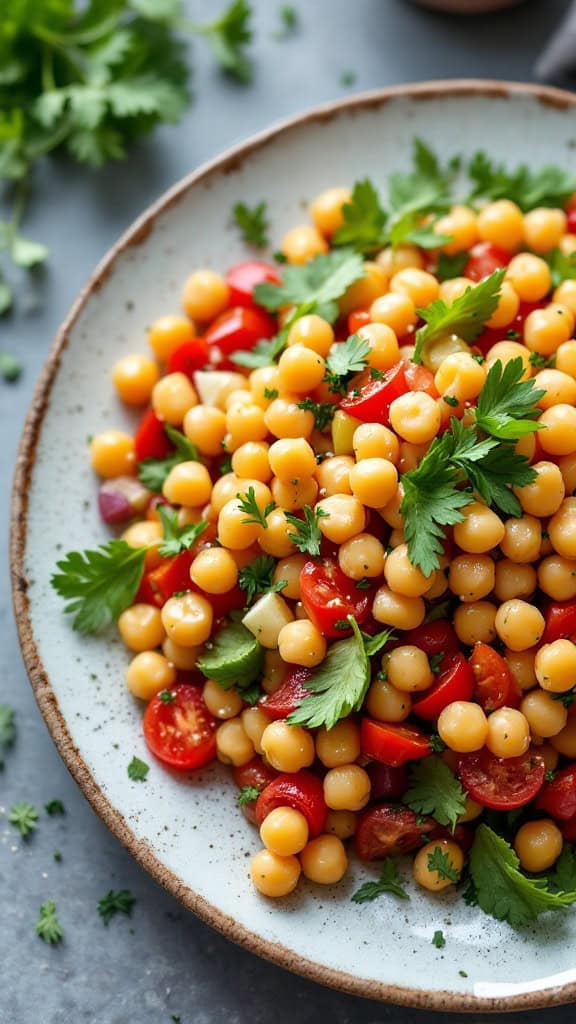 Chickpea salad with colorful vegetables and cilantro in a bowl