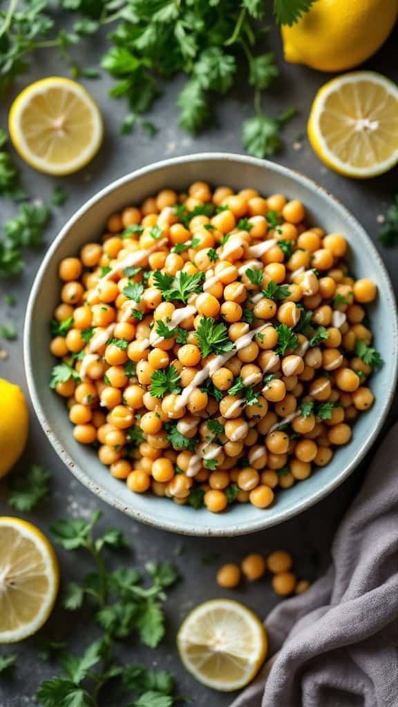 A bowl of chickpea salad topped with fresh herbs and lemon slices