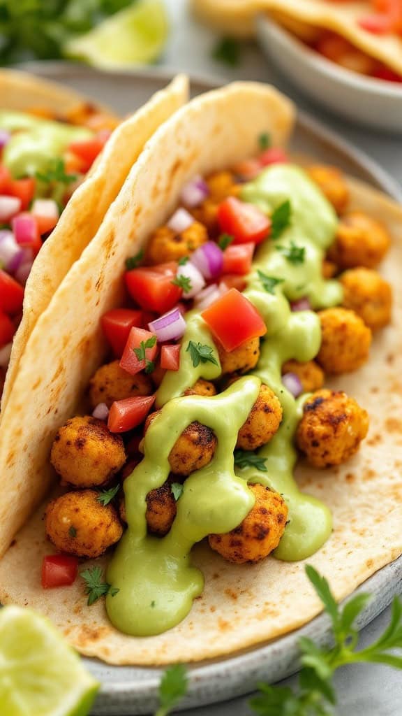Chickpea tacos topped with avocado dressing and fresh vegetables