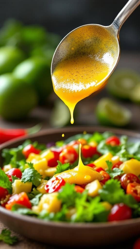 A spoon pouring chili lime dressing over a fresh salad with tomatoes and herbs