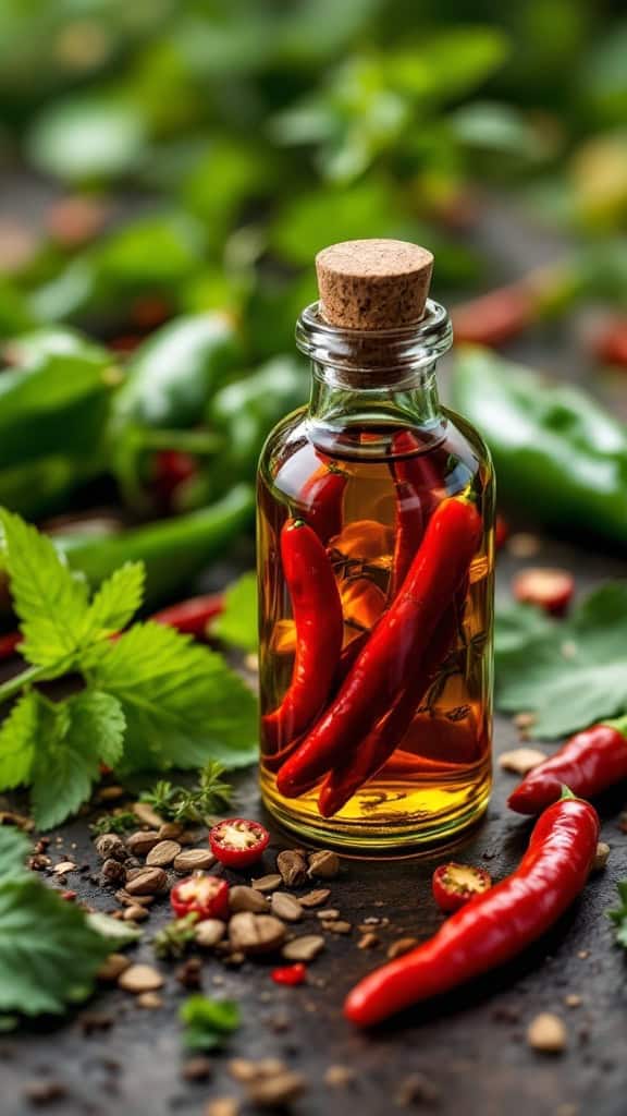 A glass bottle filled with chili pepper stem infused oil, surrounded by fresh chili peppers and herbs.