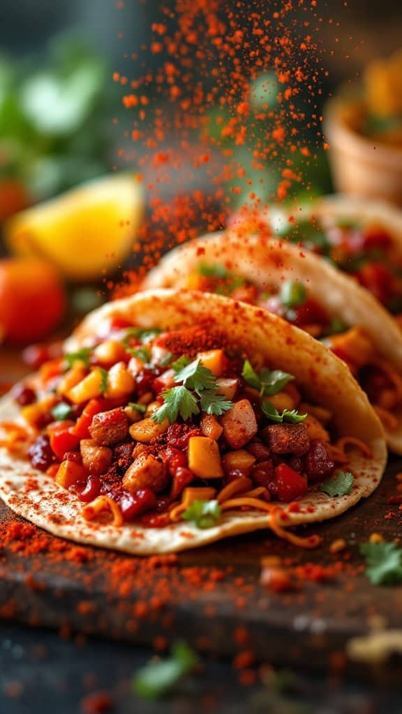 Three tacos filled with colorful toppings, sprinkled with chili powder, on a wooden board.