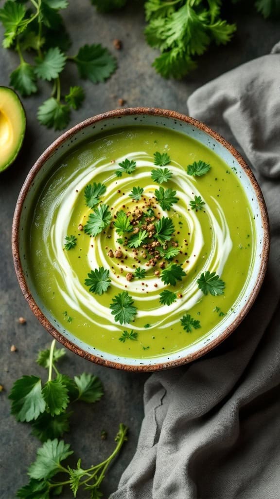 A bowl of chilled avocado and cucumber soup garnished with cucumber slices and herbs.