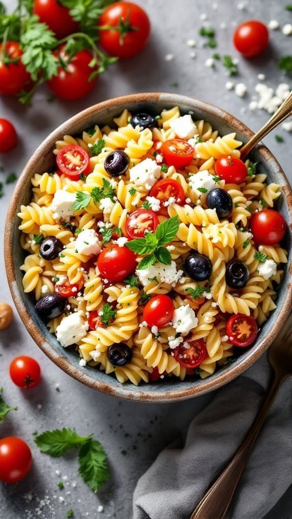 A bowl of chilled Mediterranean pasta salad with cherry tomatoes, olives, and feta cheese.