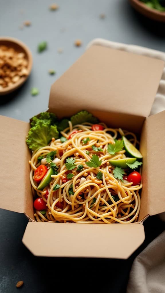 A chilled soba noodle salad with vegetables in a takeout box.