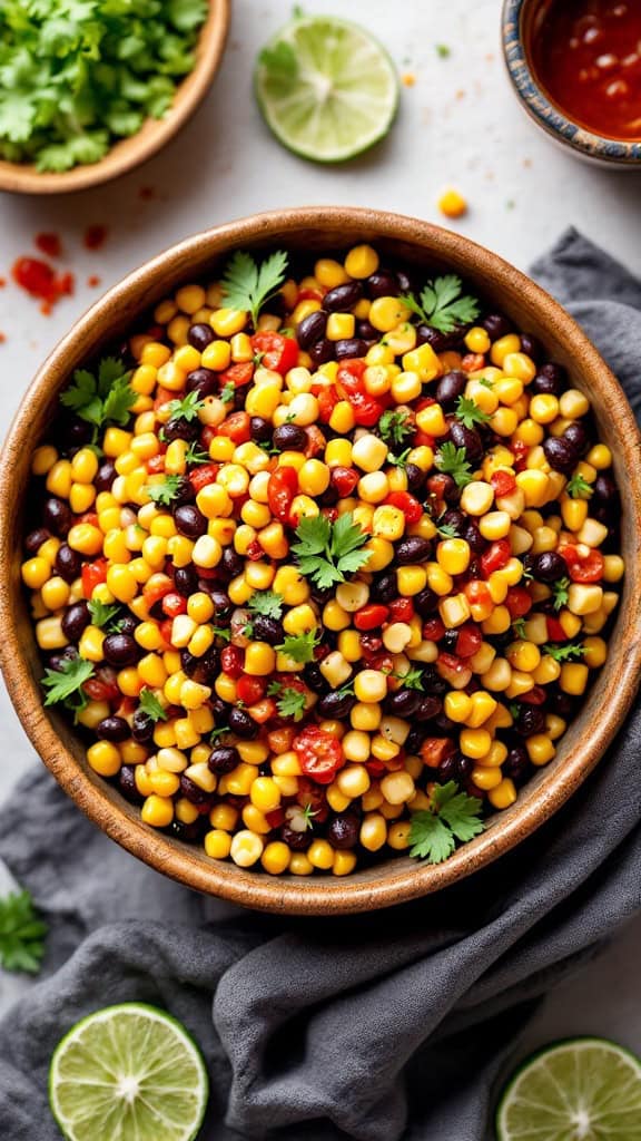 A colorful bowl of Chipotle Black Bean and Corn Salad with cilantro and lime.