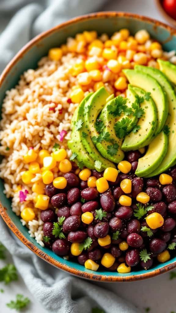 A colorful chipotle black bean burrito bowl with rice, black beans, corn, tomatoes, avocado, and cilantro.