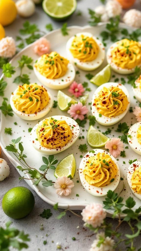 A plate of beautifully decorated chipotle deviled eggs with lime and garnishes.