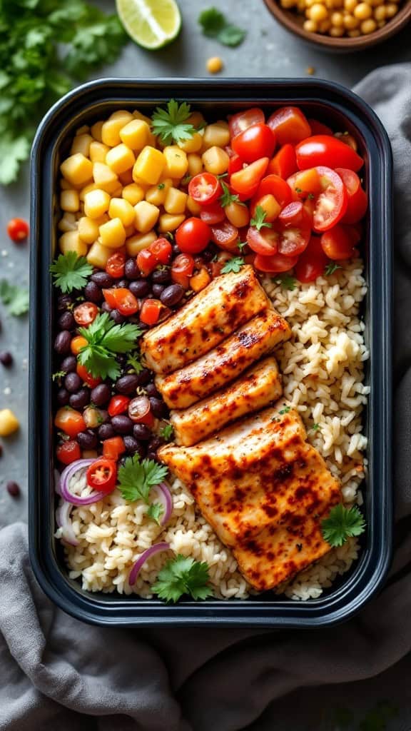 A colorful chipotle fish burrito bowl with grilled fish, rice, corn, tomatoes, and cilantro.
