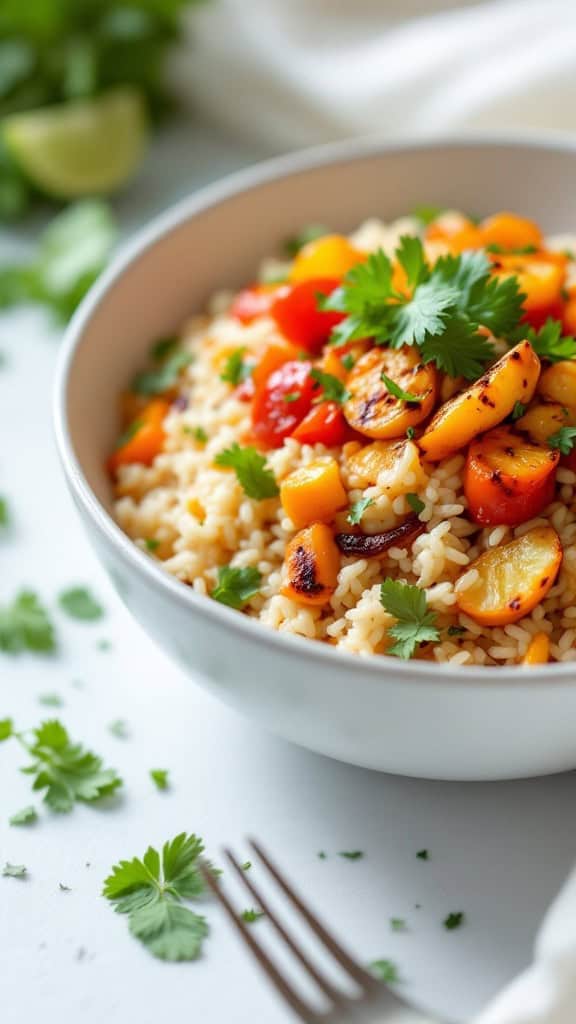 A bowl of chipotle lime rice topped with grilled vegetables and garnished with fresh cilantro.