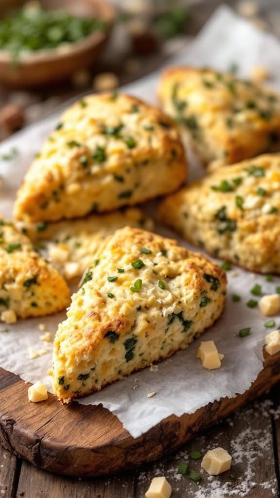 Chive and cheese savory scones on a wooden board, garnished with fresh chives.