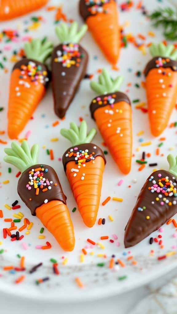 Chocolate-covered carrot treats decorated with colorful sprinkles on a plate