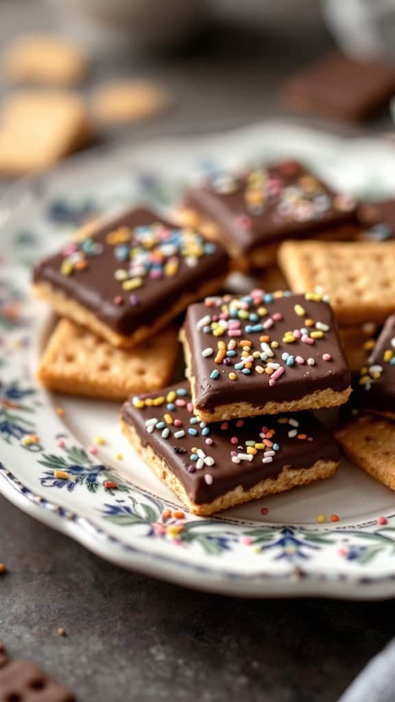 A plate of chocolate-covered matzo treats with colorful sprinkles.