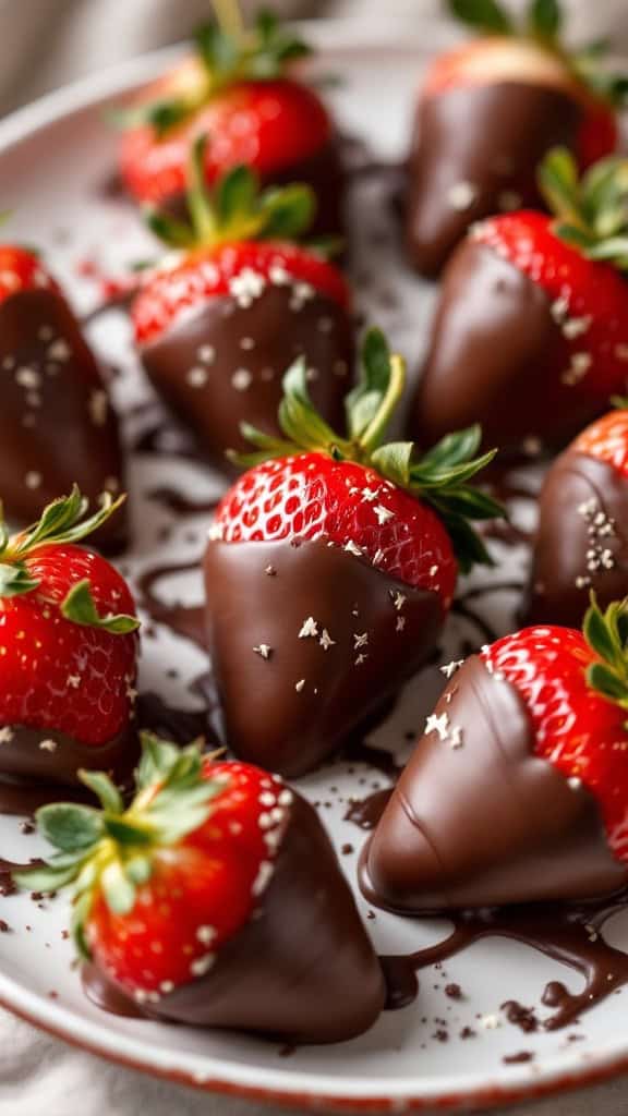A plate of chocolate-dipped strawberries arranged beautifully.