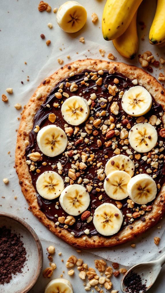 A fruit pizza topped with chocolate, banana slices, and nuts.