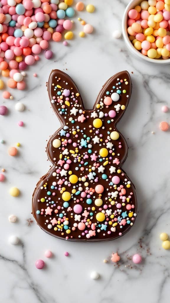 Chocolate Bunny Bark decorated with colorful sprinkles and candies