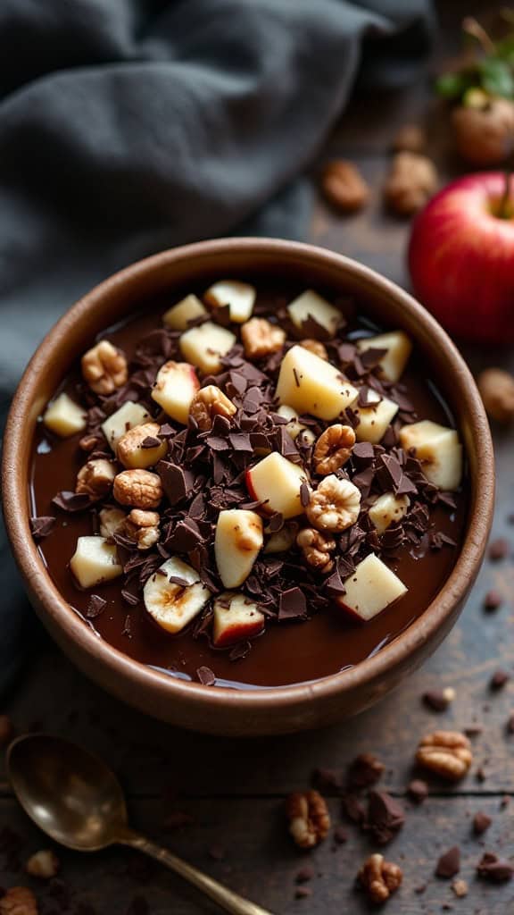 A bowl of Chocolate Charoset with diced apples and walnuts, surrounded by a spoon and scattered chocolate shavings.
