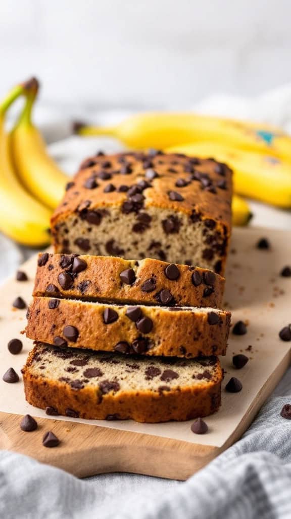 Loaf of chocolate chip banana bread with slices cut, surrounded by chocolate chips and bananas