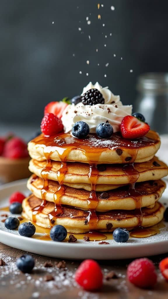 A delicious stack of chocolate chip pancakes topped with berries and whipped cream