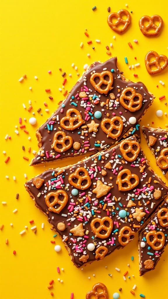 Chocolate dipped pretzel bark sprinkled with colorful toppings on a yellow background.