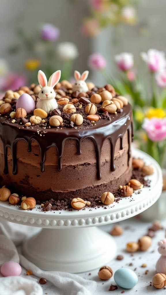 A decorative chocolate hazelnut dirt cake topped with bunny decorations and nuts.