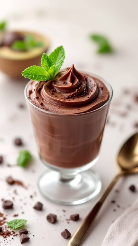 A glass of chocolate mint avocado mousse topped with mint leaves.