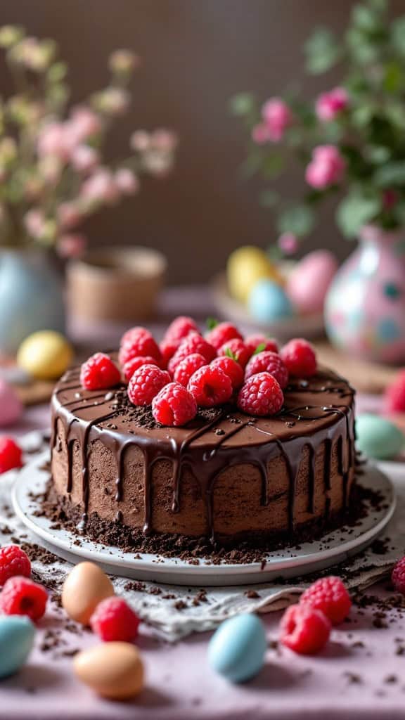 Chocolate raspberry dirt cake topped with fresh raspberries and surrounded by colorful Easter eggs.