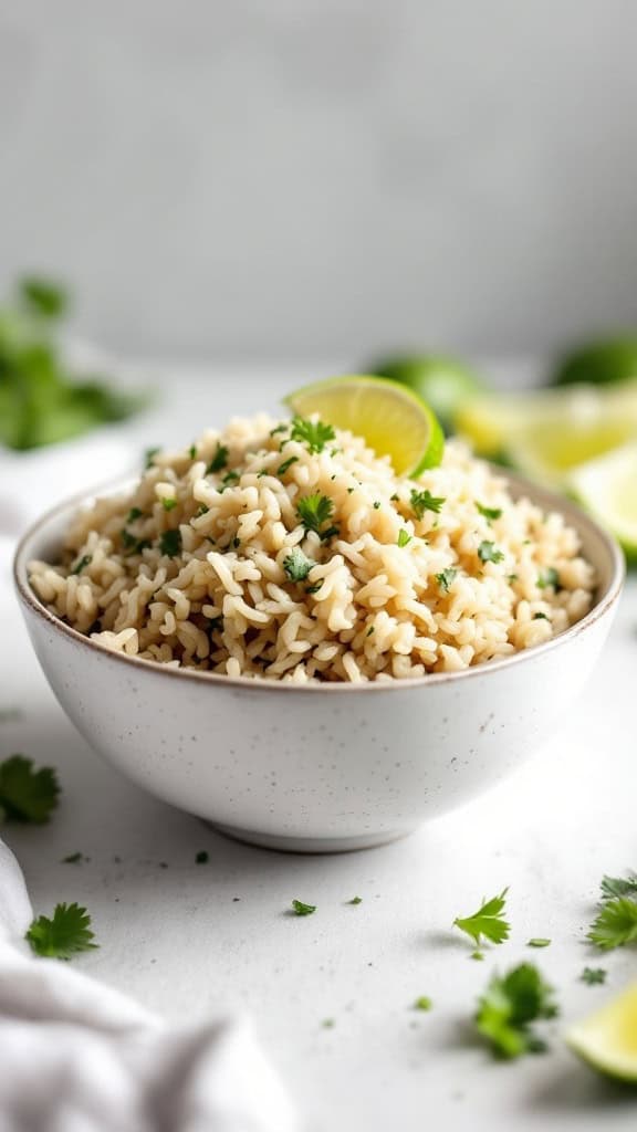 Bowl of cilantro lime brown rice garnished with lime and cilantro