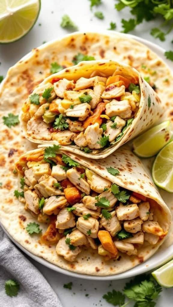 Two cilantro lime chicken wraps filled with chicken and vegetables, served with lime wedges.