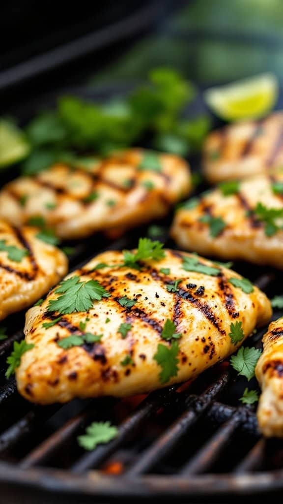 Grilled chicken breasts garnished with cilantro and lime on a grill