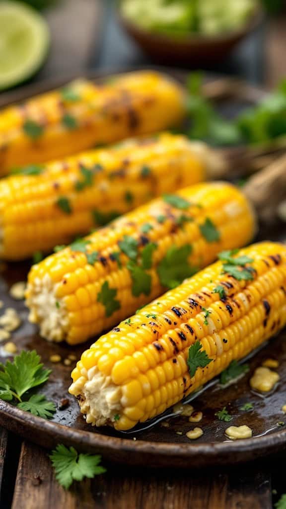 Grilled corn on the cob garnished with cilantro
