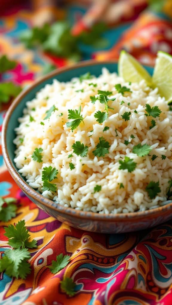 A bowl of cilantro lime rice garnished with fresh cilantro and lime wedges, set on a vibrant patterned cloth.