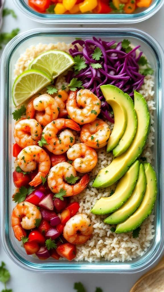 Cilantro lime shrimp bowl with shrimp, brown rice, peppers, and avocado.
