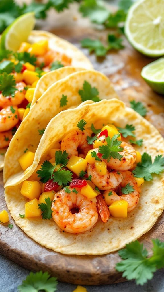 Tacos filled with shrimp, mango, and cilantro on a wooden board, with lime slices nearby.