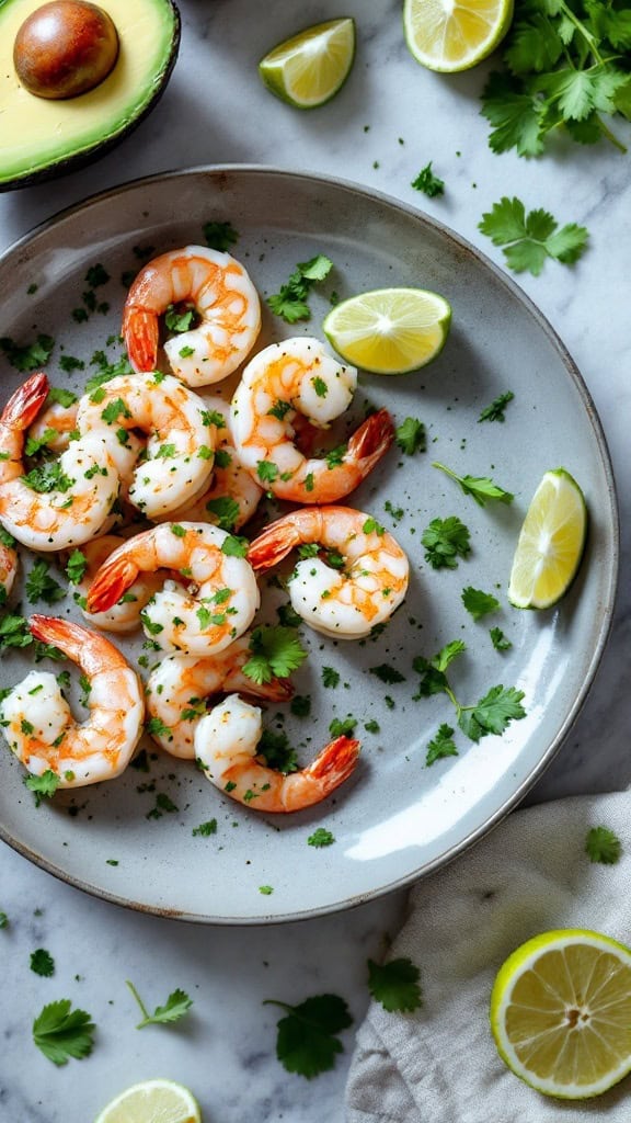 A plate of cilantro lime shrimp garnished with fresh cilantro and lime wedges, alongside a halved avocado.