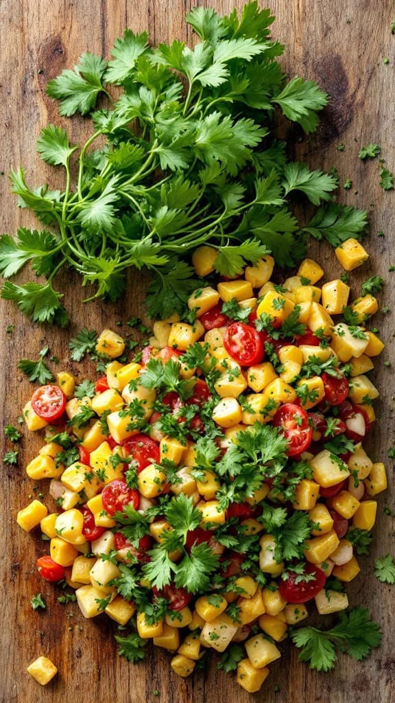 Fresh cilantro on a wooden table with diced vegetables and tomatoes