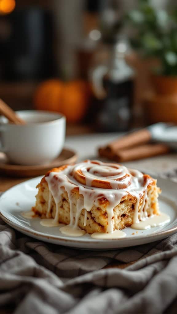 A slice of cinnamon roll casserole drizzled with icing on a white plate, with a cup of coffee in the background.
