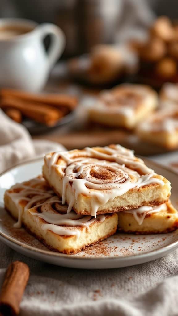 A plate of cinnamon roll squares drizzled with icing, surrounded by cinnamon sticks and coffee.