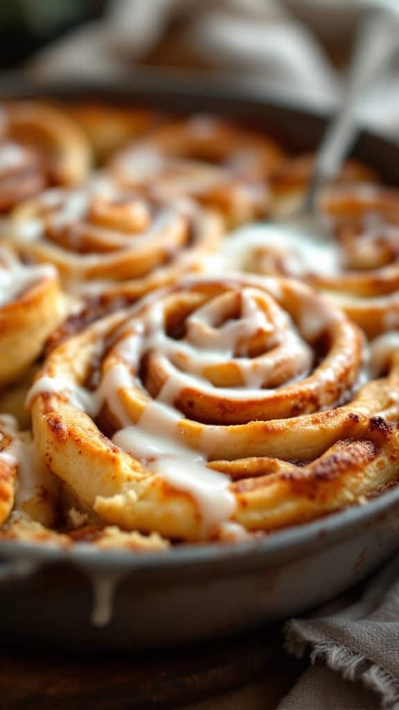 Close-up of a cinnamon roll casserole topped with icing.