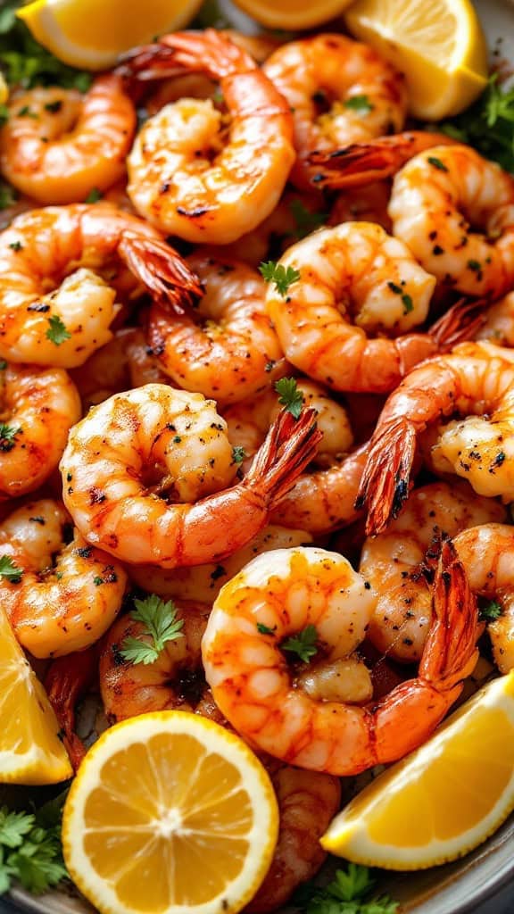A platter of grilled shrimp garnished with lemon slices and cilantro.