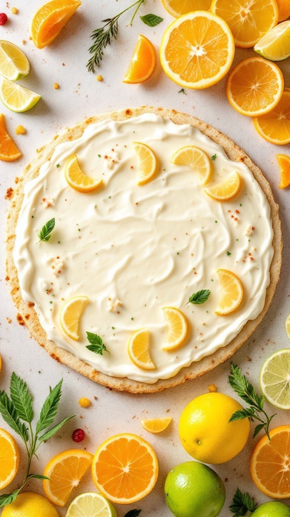 A fruit pizza topped with citrus slices on a light background.