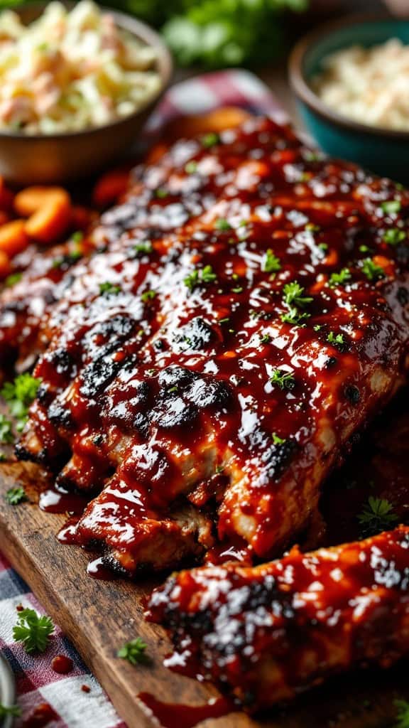 BBQ ribs with homemade sauce on a wooden board with sides of coleslaw and carrots.